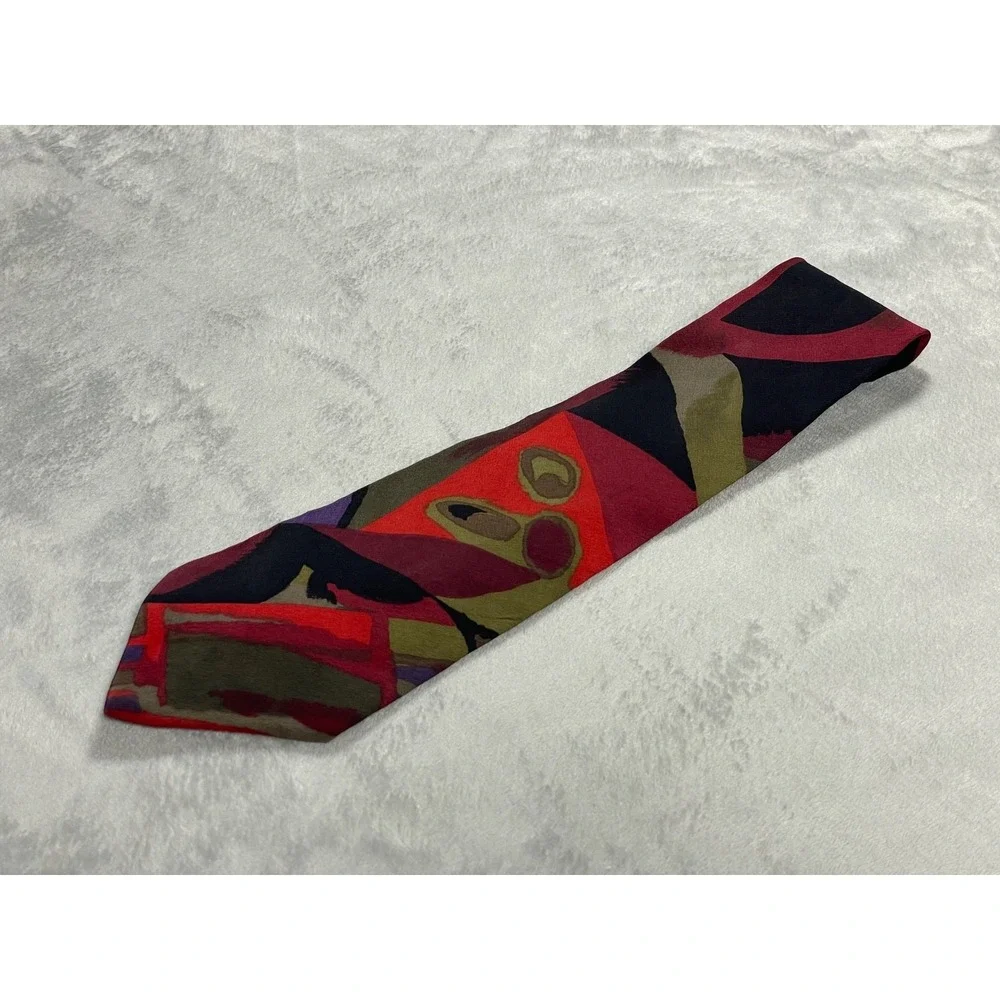 Vintage Pierre Cardin Tie Men's One Size Red Olive Abstract Geometric Silk USA